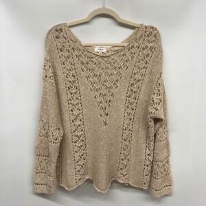 Umgee Women's Beige Crochet Knit Ribbon Sweater V Neck Medium Fairycore Delicate